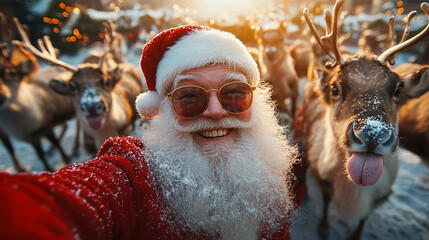 Funny santa claus grandpa making selfie with his reindeer modern lifestyle illustration, Merry Christmas