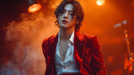 charismatic Asian Santa posing confidently in studio setting with dramatic lighting holding microphone