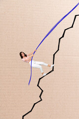 Artwork image collage of strong woman doing her aim purpose climb rock isolated on drawing...