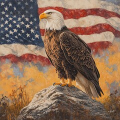 Naklejka premium A bald eagle perched on a rock, with the American flag in the background.