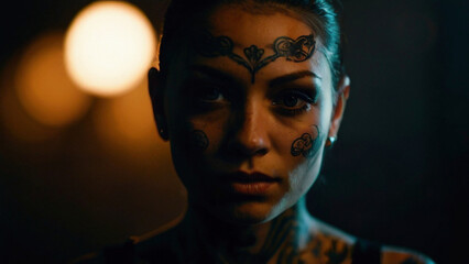 Nahaufnahme eines weiblichen Gesichts mit Tatoos