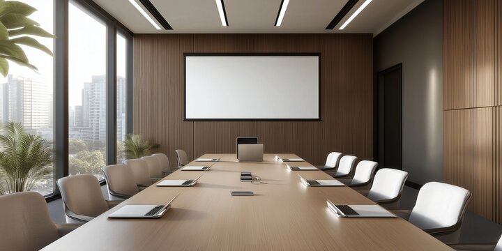 Modern Meeting Room or Board Room with Business Presentation Screen and Laptop Connection