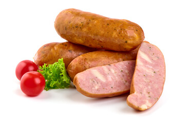 Traditional bavarian sausages, isolated on white background.