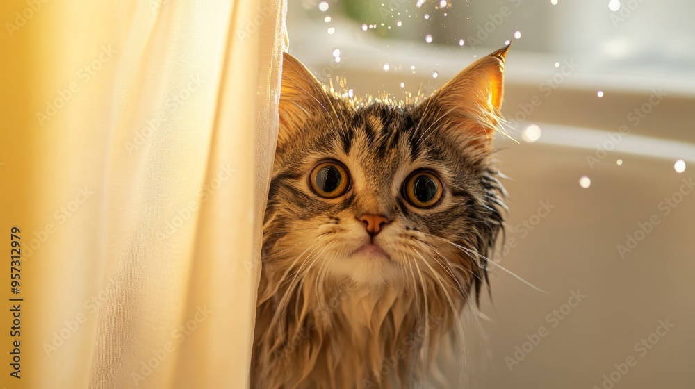 Poster A fluffy cat with its head peeking out from behind a curtain of flowing water, with a bath setting and gentle lighting, capturing the cuteness of the bathing moment.
