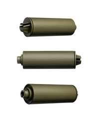 Khaki silencer for weapons. Suppressor that is at the end of an assault rifle. Isolate on a white...