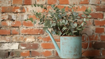 Eucalyptus branches placed in a vintage watering can, set against a brick wall for a rustic,...