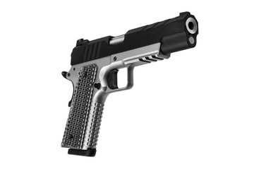 Modern silver semi-automatic pistol. A short-barreled weapon for self-defense. A small weapon for concealed carry. Isolate on a white back.