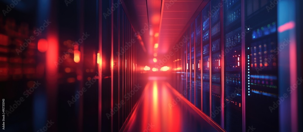 Poster 3d animation depicting a digital technology background showcasing a data center with servers emphasi