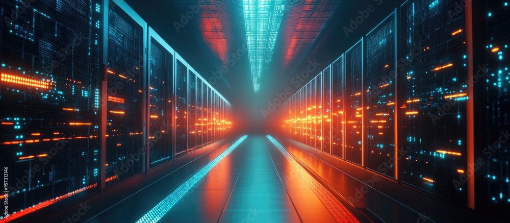 Poster 3d animation depicting a digital technology background showcasing a data center with servers emphasi