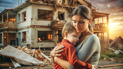 Fototapeta premium Mother and daughter in front of a destroyed house. The concept of family problems.
