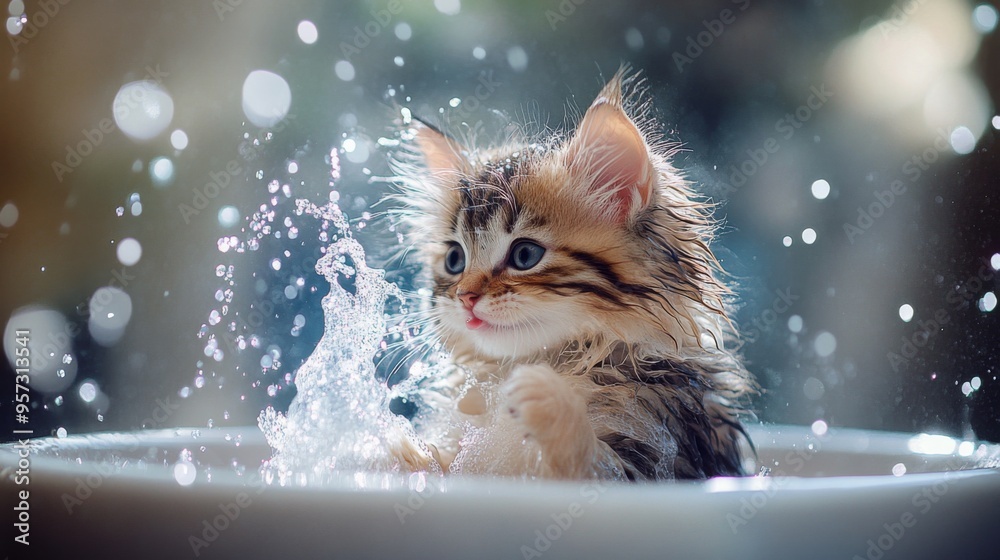Poster a fluffy kitten with its fur all wet, playfully splashing water in a small sink, with bubbles and a 