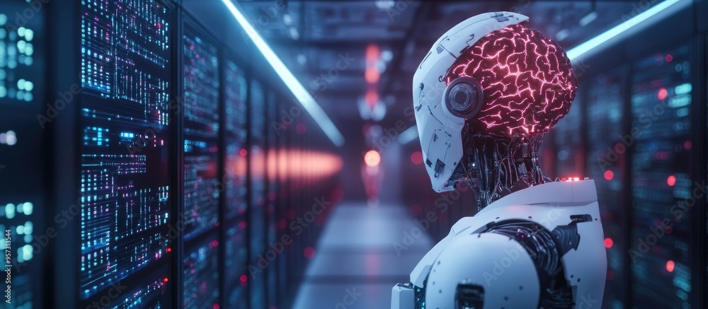 Poster 3d artificial intelligence concept showcasing a digital brain and neural network featuring ai server