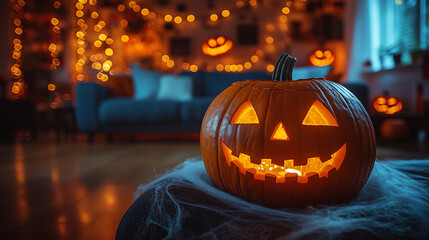 A cozy living room decked out for a Halloween party, featuring a mix of classic and modern decorations like pumpkins, cobwebs, and spooky lights.