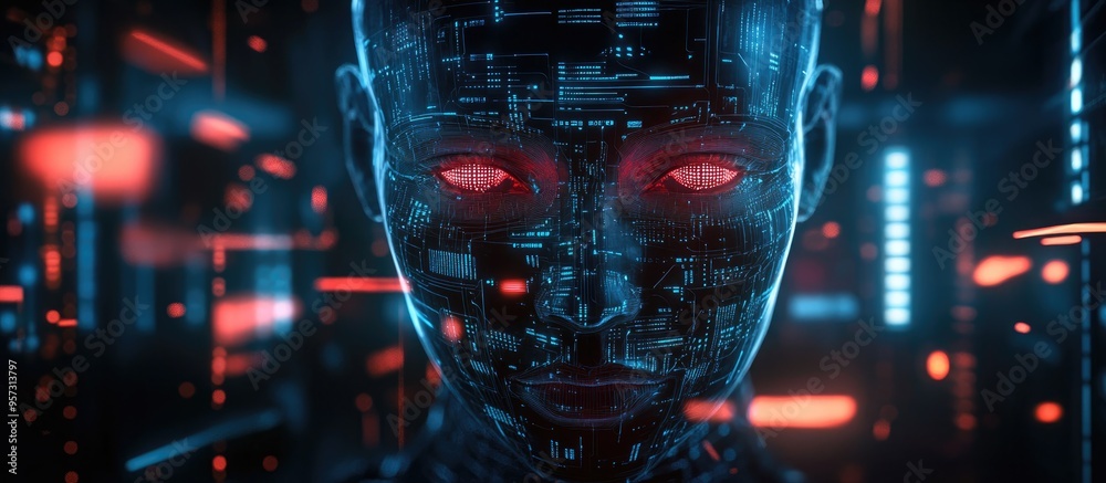 Aufkleber 3d bionic electric face illustration featuring digital technology internet networks and a futuristic