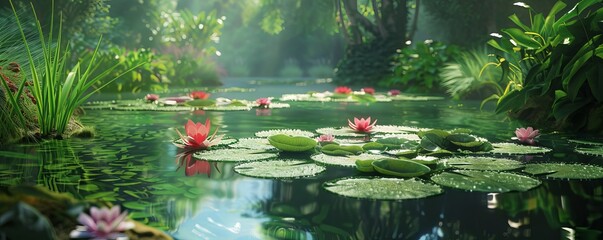 Peaceful farm pond with lily pads floating, 4K hyperrealistic photo