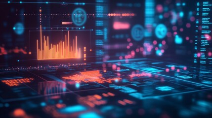 A futuristic digital interface with a glowing financial graph, overlaid with banking icons and numbers, set against a dark background, emphasizing cutting-edge financial technology.