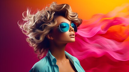 Vibrant and Imaginative Studio Portrait of a Fashionable Woman with Colorful Curly Hair and Bold Makeup