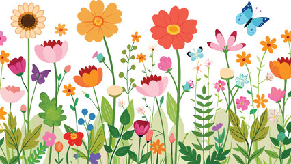 Watercolor style beautiful wildflowers, field of flowers with butterflies, seamless border isolated on a clear background, vector illustration.