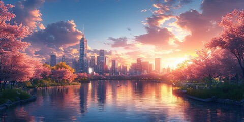 Obraz premium amazing a city skyline with a a cityscape featuring a towering skyscraper a bustling street and a serene river flowing through it png