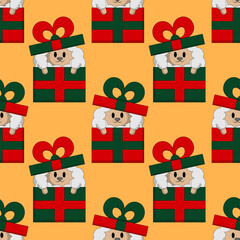 Seamless pattern with Cute Christmas Sheep in gift box