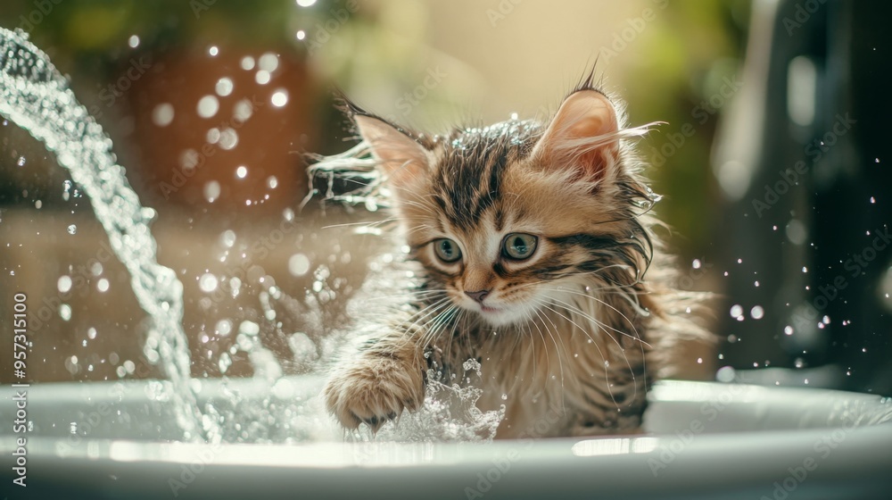 Poster a fluffy kitten with its fur all wet, playfully splashing water in a small sink, with bubbles and a 