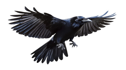 Obraz premium Black raven in flight, transparent background. Crow wingspan