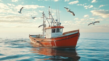 Fototapeta premium A fishing boat, a boat in the middle of the sea. Seagulls are flying above it.