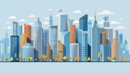 Fototapeta premium A colorful illustration of a modern city skyline with tall skyscrapers and blue skies. Beautiful urban scenery with diverse architectural designs.