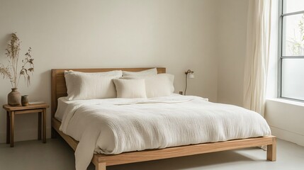 Fototapeta premium A bedroom with a minimalist wooden platform bed, neutral linens, and a single wooden nightstand with a small lamp