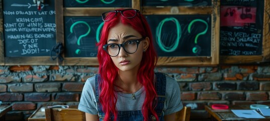Fototapeta premium Confused Young Woman With Red Hair and Glasses Standing in Front of Question Marks on Chalkboards