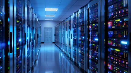 Fototapeta premium A modern data center interior with rows of server racks illuminated by blue lighting. Technology and network infrastructure concept.
