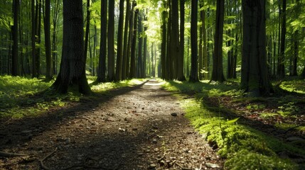 A serene forest trail surrounded by tall, lush trees and dappled sunlight, creating a tranquil and inviting natural pathway.