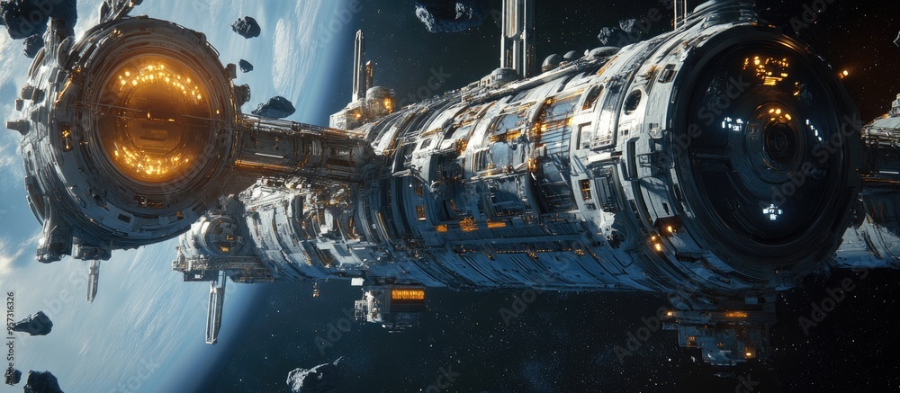 Poster 3d computer generated rendering of a futuristic space station