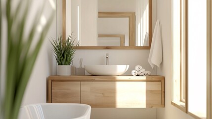 A modern bathroom featuring a minimalist wooden vanity, white sink, and a large mirror with a wooden frame