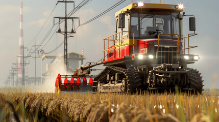 Fototapeta premium Agricultural machinery working in a vast rice field, harvesting crops with precision and efficiency under a clear blue sky.