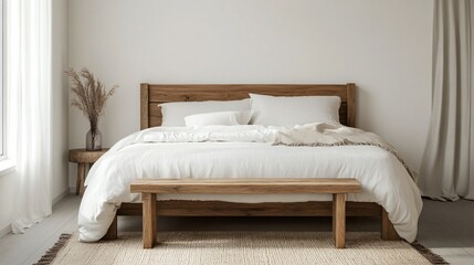 A serene bedroom with a wooden bed frame, crisp white bedding, and a minimalist wooden bench at the foot of the bed