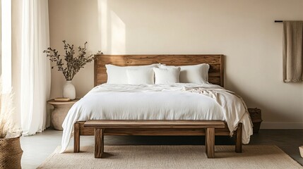 A serene bedroom with a wooden bed frame, crisp white bedding, and a minimalist wooden bench at the foot of the bed