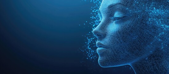 3D conceptual illustration of a wireframe female face on a blue background representing technology digital avatars and futuristic themes
