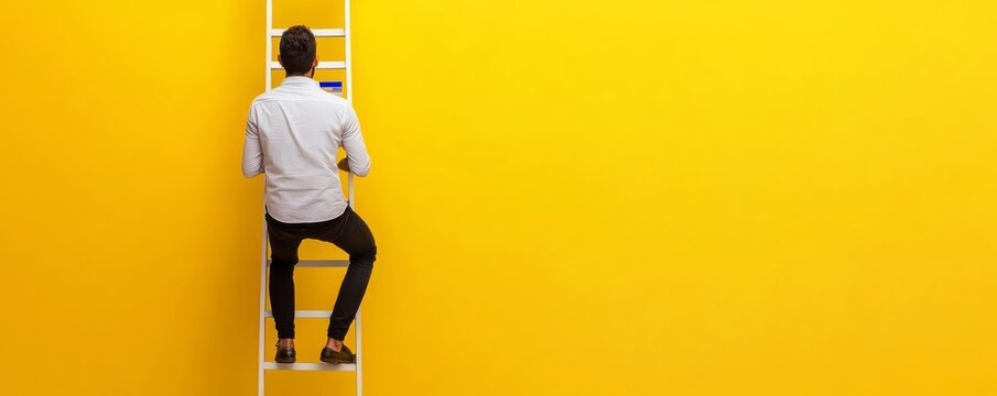 Man climbing an endless ladder made of credit cards, pursuit of financial freedom, unattainable goals