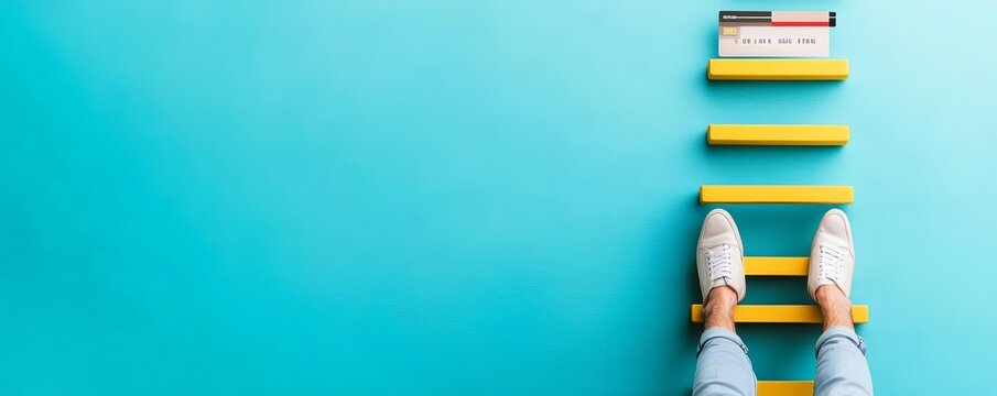 Man climbing an endless ladder made of credit cards, pursuit of financial freedom, unattainable goals