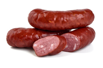 Smoked german sausages, isolated on white background