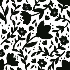 Simple seamless pattern with flowers silhouette. Spring or summer graphic design. Hand drawn black flowers on white background. Modern and original botany texture.