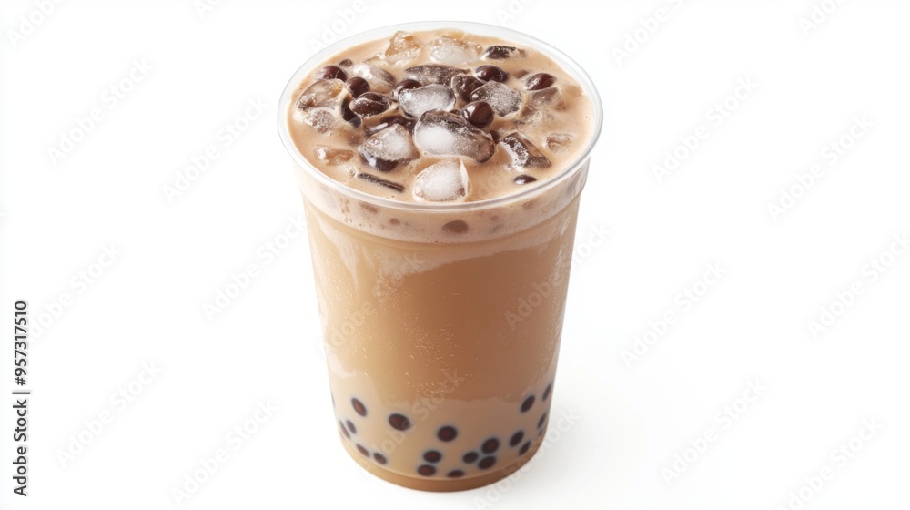 Poster A high-angle shot of a bubble milk tea cup with a layer of ice, showing the drink texture and tapioca pearls, with the pure white background creating a sleek, modern look