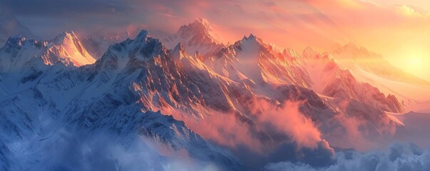 Fototapeta premium Mountain range bathed in the light of a setting sun, 4K hyperrealistic photo