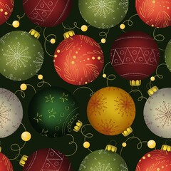 Seamless pattern with festive Christmas balls on green background. Hand drawn Christmas tree decoration. Perfect for gifts packing, wrapping paper, postcards.