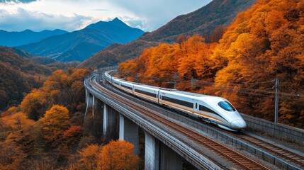 A high-speed train curving through a scenic route, with vibrant autumn foliage and mountains in the background, illustrating the harmony between nature and modern travel.