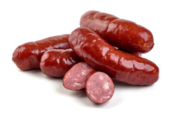 Smoked german sausages, isolated on white background