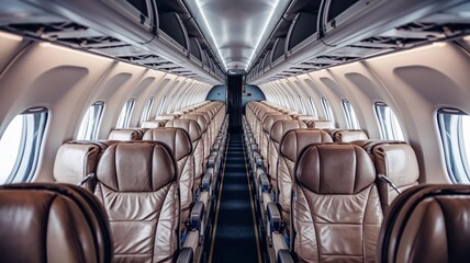 Empty seats in a jet cabin just before boarding time