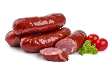Smoked pork sausages, isolated on white background. High resolution image