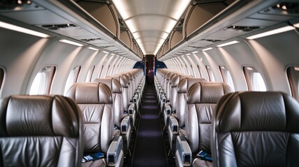 Fototapeta premium Empty seats in a jet cabin just before boarding time